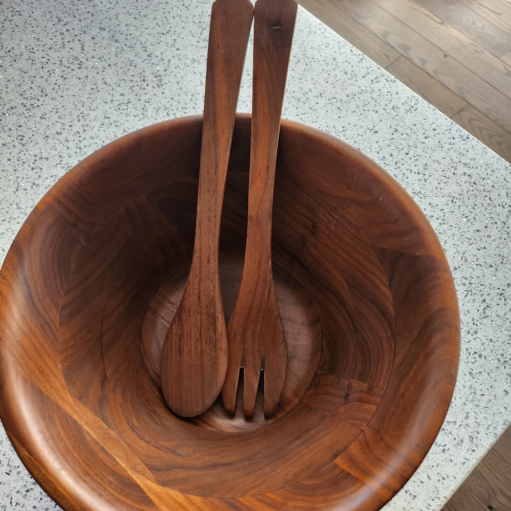 Natural Wood Salad Bowl with Utensils